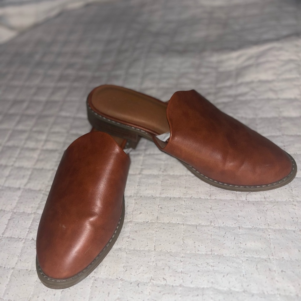 Brown Leather Slip-On Mules